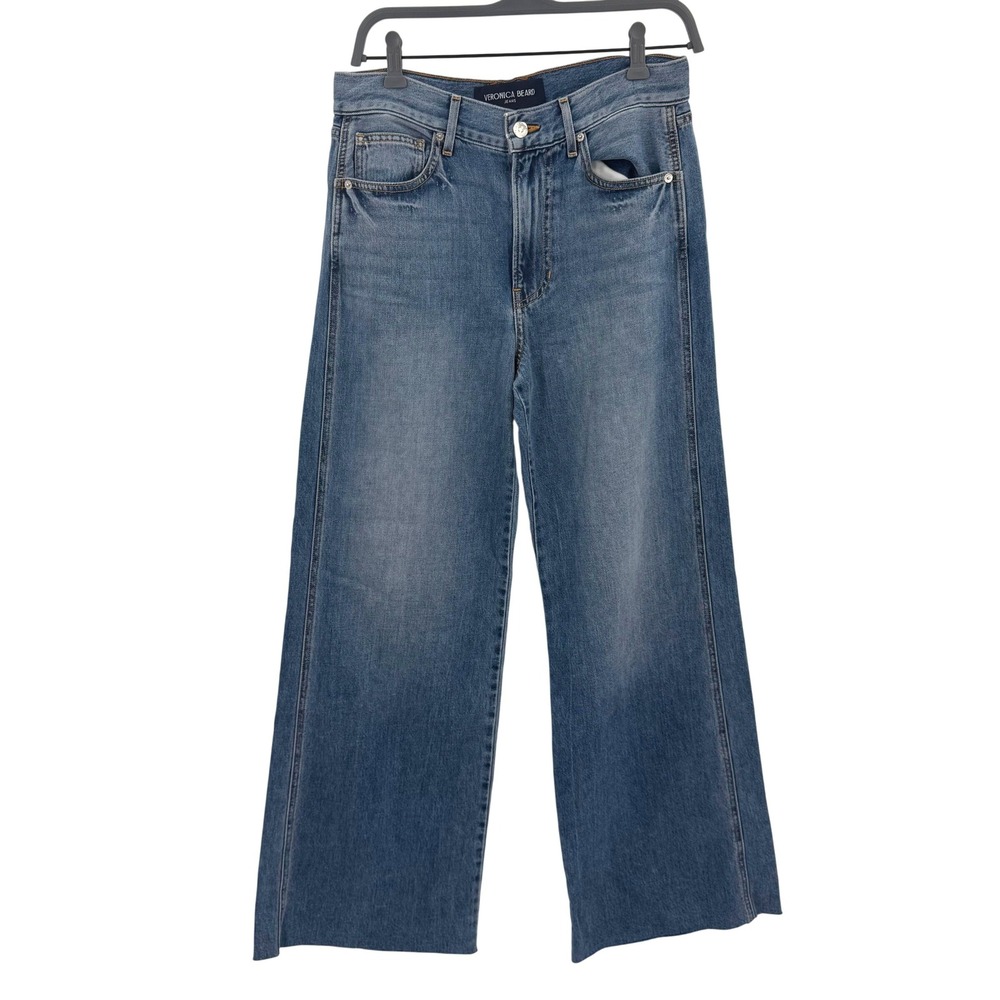 Veronica Beard Kasey Wide Leg Mid Rise Jeans Blue Silk Blend Size 27 Raw Hem